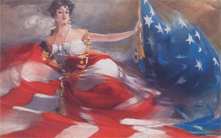 WOMAN DRAPED IN US FLAG MAGNET