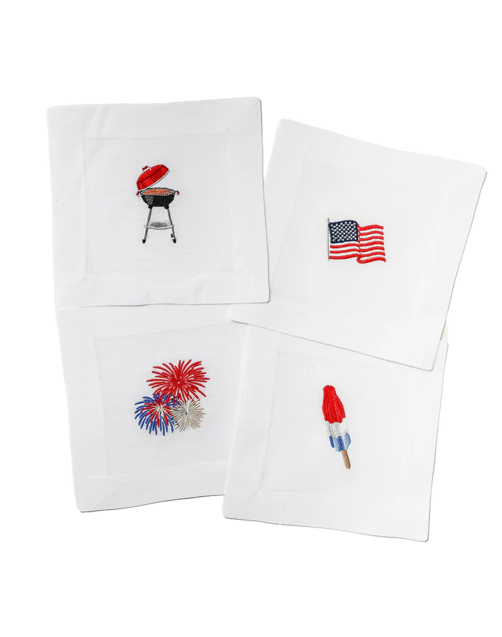 FOURTH OF JULY EMBROIDERED COCKTAIL NAPKINS
