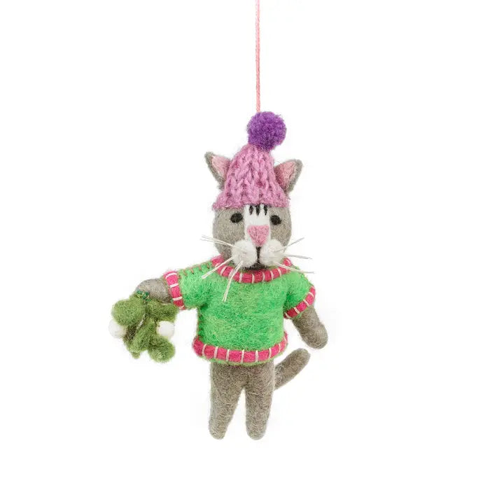 FELT MISTLETOE MEOWS CHRISTMAS CAT ORNAMENT