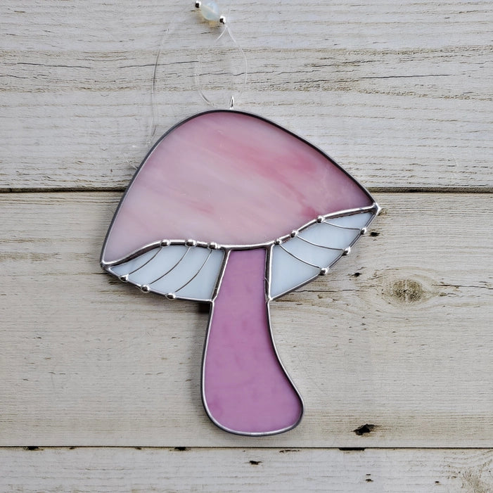 STAINED GLASS MUSHROOM SUNCATCHER PINK & WHITE WHISPY