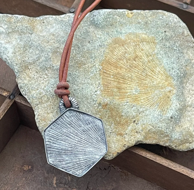 BRACHIOPOD FOSSIL RIMMED LEATHER NECKLACE