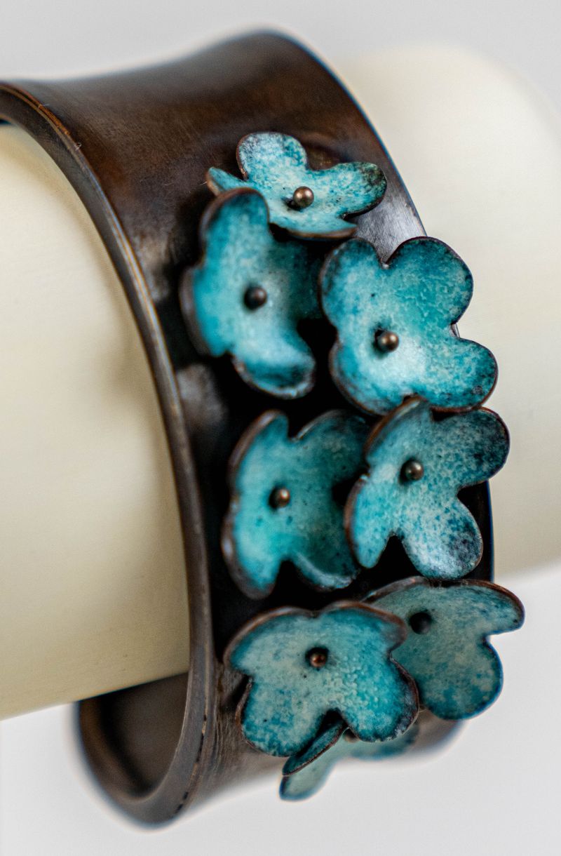 TEAL FLOWER COPPER CUFF BY JENNY WALKER