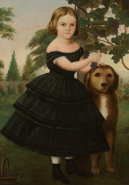 PORTRAIT OF A GIRL AND HER DOG IN A GRAPE ARBOR (11X14 PRINT)