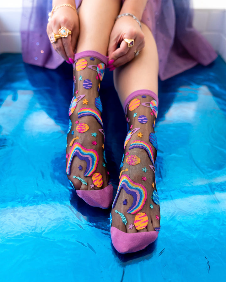 POP ART PLANETS BLACK SHEER CREW SOCK