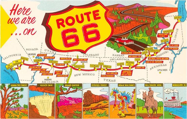 HERE WE ARE ON ROUTE 66 POSTCARD