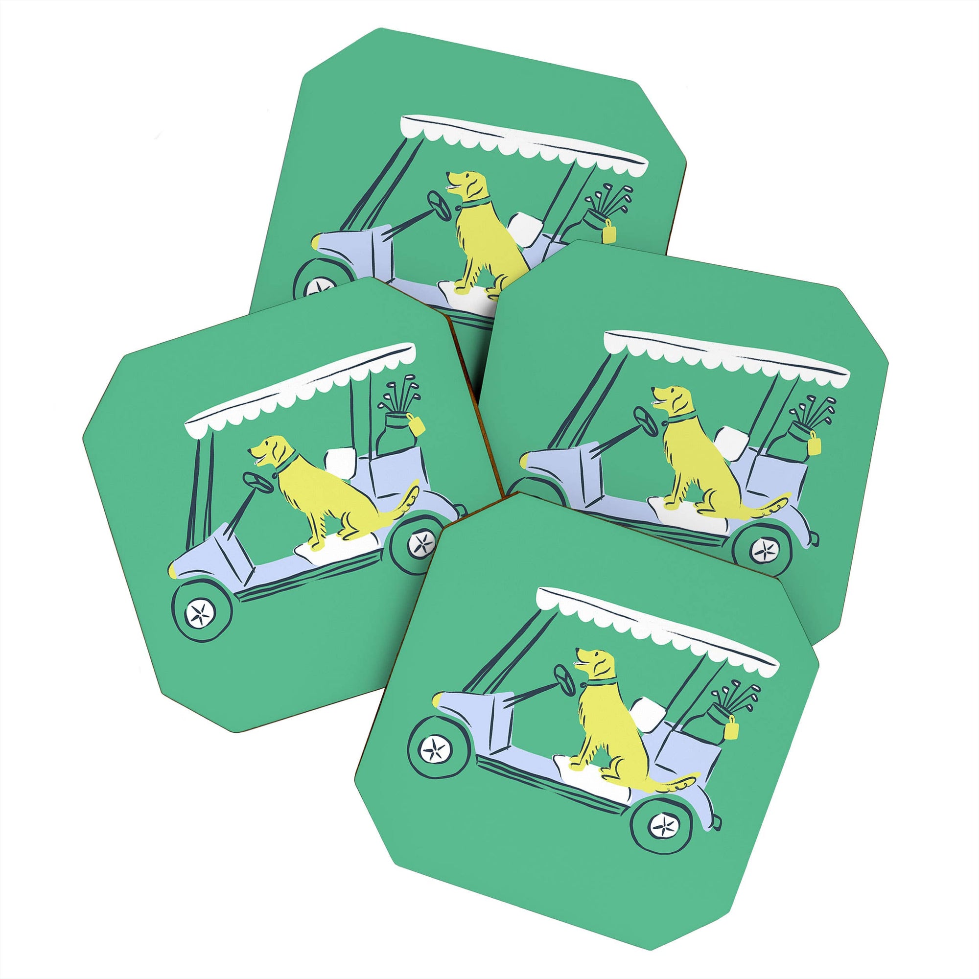 KRISSYMAST GOLF CART GOLDEN RETRIEVER COASTER SET