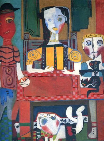 FAMILY AND PINK TABLE POSTCARD