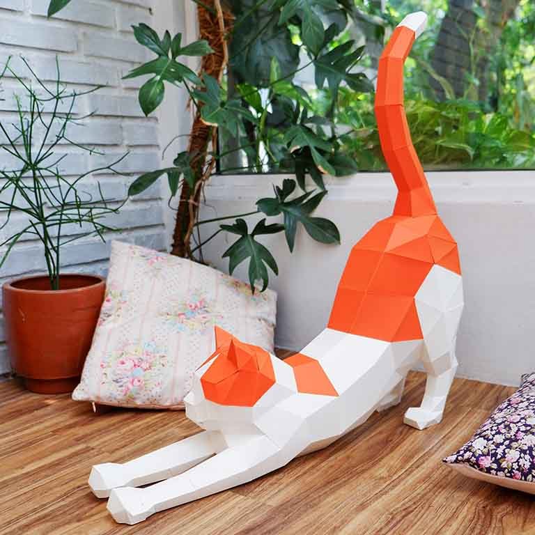 3D STRETCHING CAT PAPERCRAFT ORIGAMI MODEL